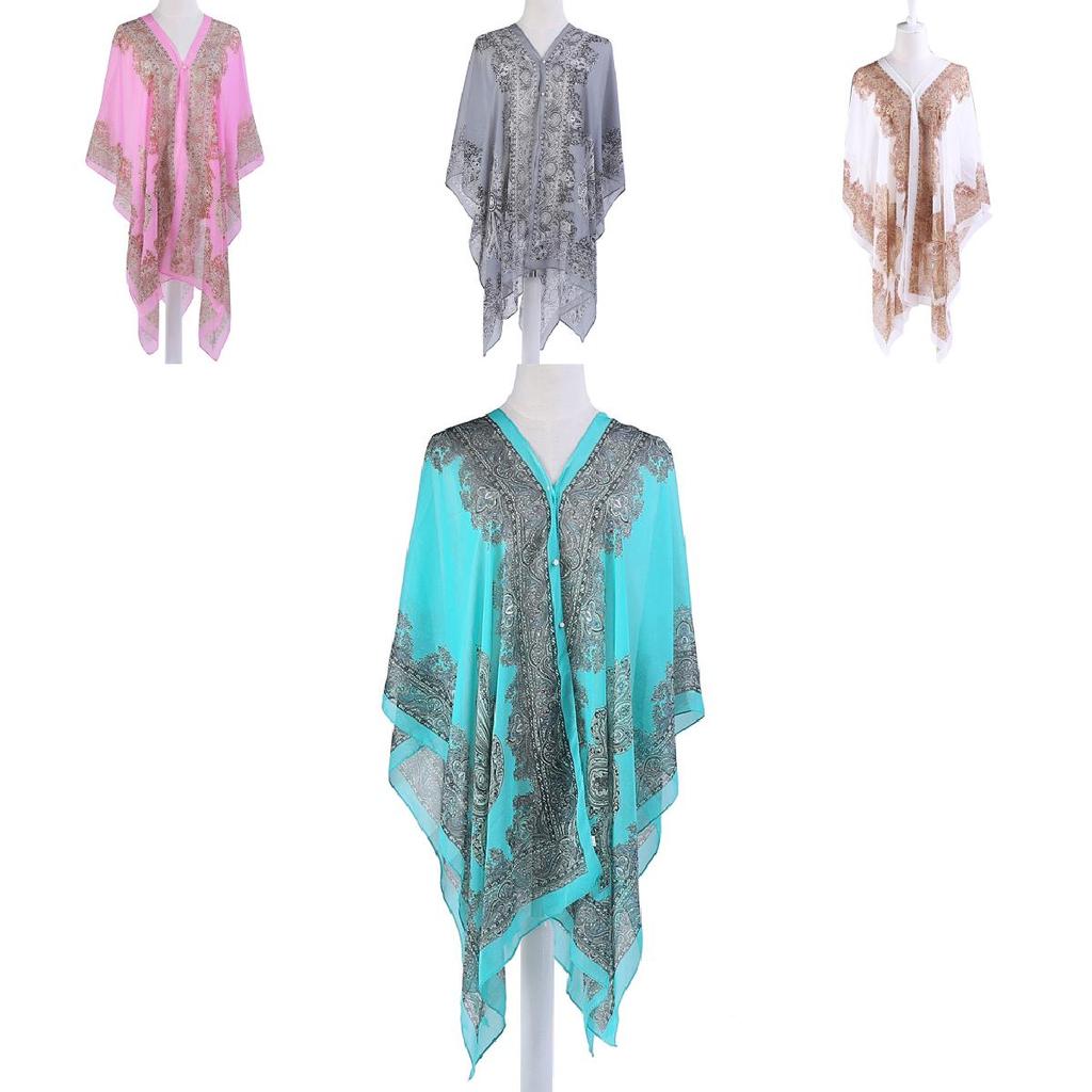 Elegant 2018 Women Chiffon Blouse Coat With Boho Floral Design For Beach Cover Up
