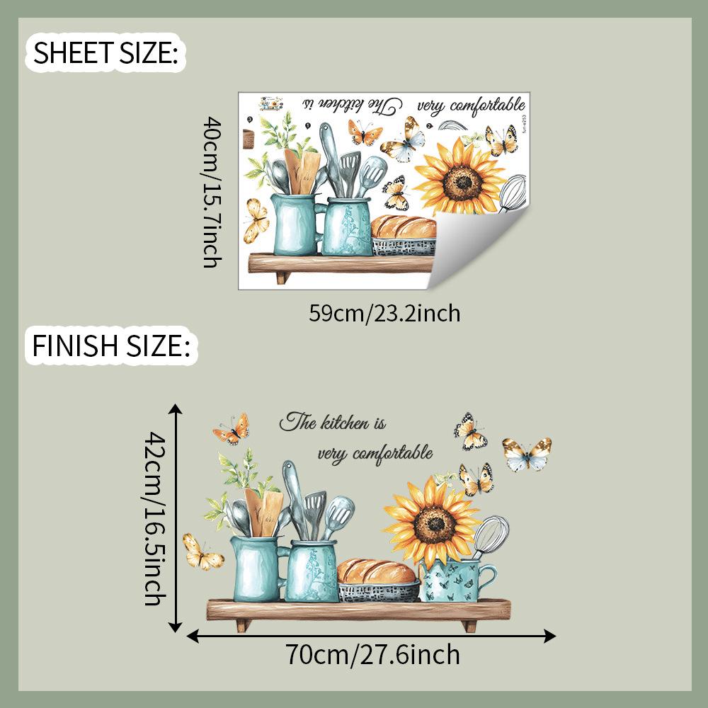 Kreatives Küchengeschirr mit Sonnenblumen und Schmetterlingen Wandaufkleber Selbstklebend Abnehmbar für Küche Esszimmer Hintergrund Heimdeko
