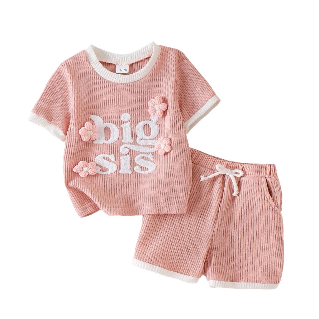 Girls' Fashionable Pink Outfit - Summer Children's Simple Short-sleeved Bow Tie Shorts Set