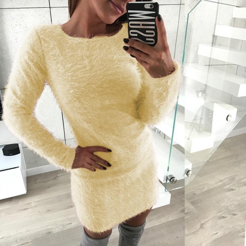 SCIONE Women Plush Round Neck Casual Sweater Loose Sleeve Long Sleeve Round Neck Plush Dress