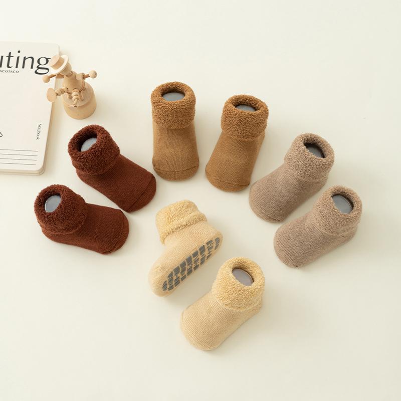 Kids Winter Plush Looped Floor Socks Velvet Lining Baby Socks 0-3Year Children Solid Color Stockings Thick Warm Newborn Footwear