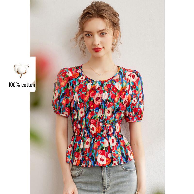 Bailuyu Elegant Floral Print Puff Sleeve Shirt L