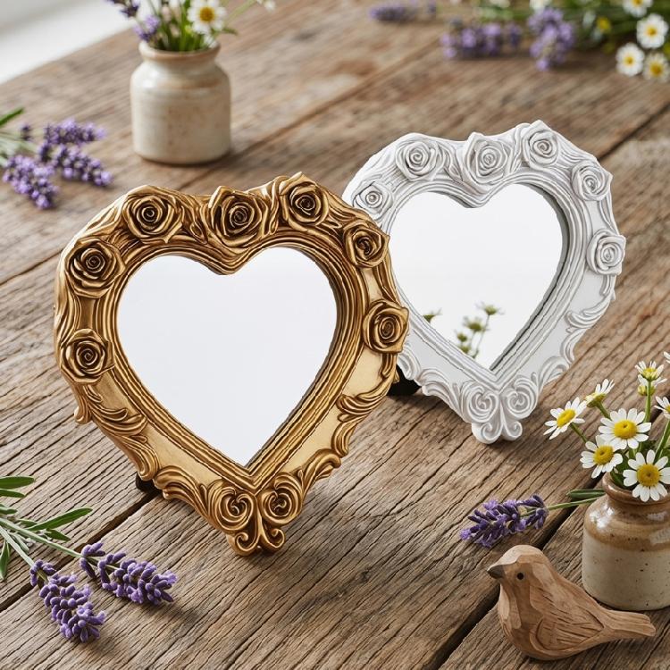 Heart Makeup Mirror Vanity Countertop Mirror with Rose Border and Back Stand for Dressers, Bedroom Shelf, and Daily Grooming