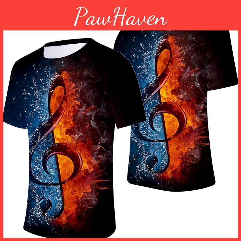 Stylish Mens Ice Fire Music Note 3d Printed Short-sleeved O-neck Casual Tee