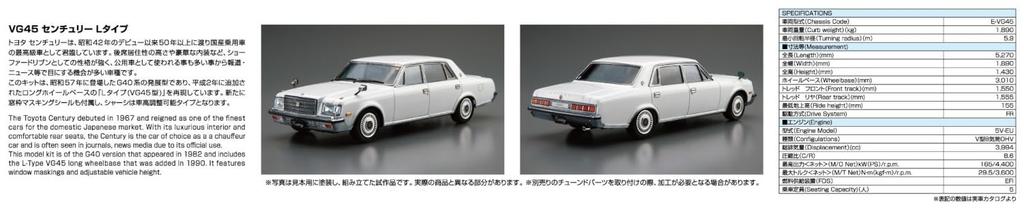 Aoshima Bunka Kyozai Die Modellauto-Serie Toyota VG45 Century Kunststoffmodell 1/24 Nr.18 L-Typ '90 (Automobil)