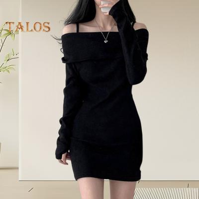 Dámské pletací topy bez ramen s dlouhým rukávem jednobarevné pulovry slim fit sexy žebrovaná dlouhá halenka