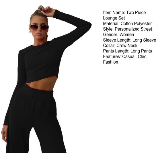 Women 2 Piece Lounge Set Long Sleeve Cropped Pullover Top Wide Leg Pants Set Fall Crewneck Tracksuit Casual Outfits