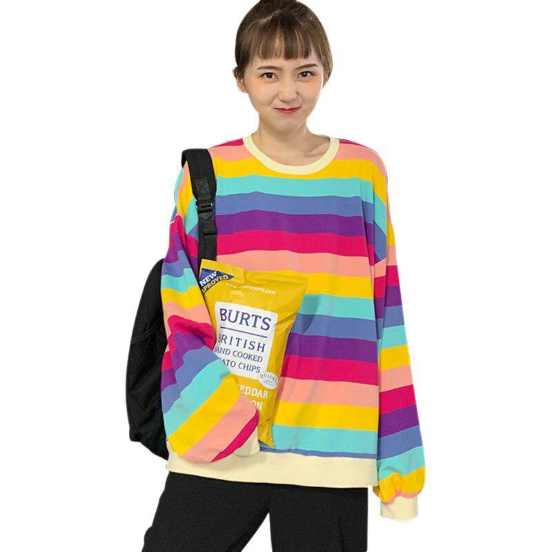 

Женская рубашка с длинными рукавами и круглым вырезом, модная свободная футболка в радужную полоску, женские повседневные топы XL