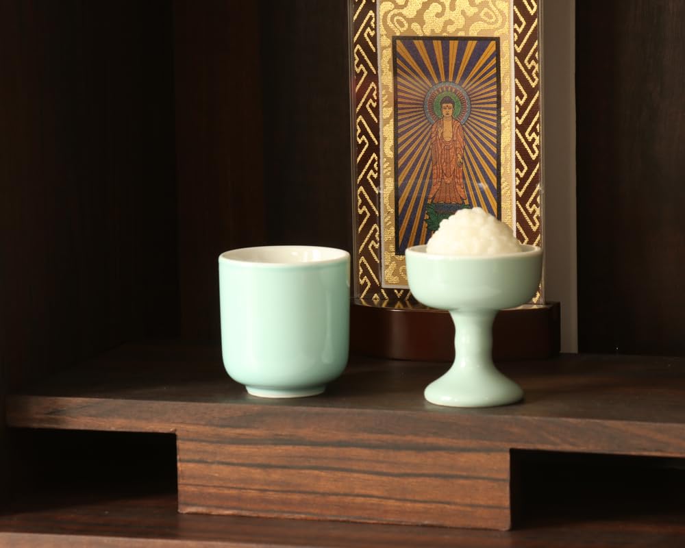 Namukumachan Kobo Set of 2 Medium Buddhist Tea Sets (1.6 Inches) - Solid Celadon Buddhist Teacups, Buddhist Rice Bowls, and Teacups
