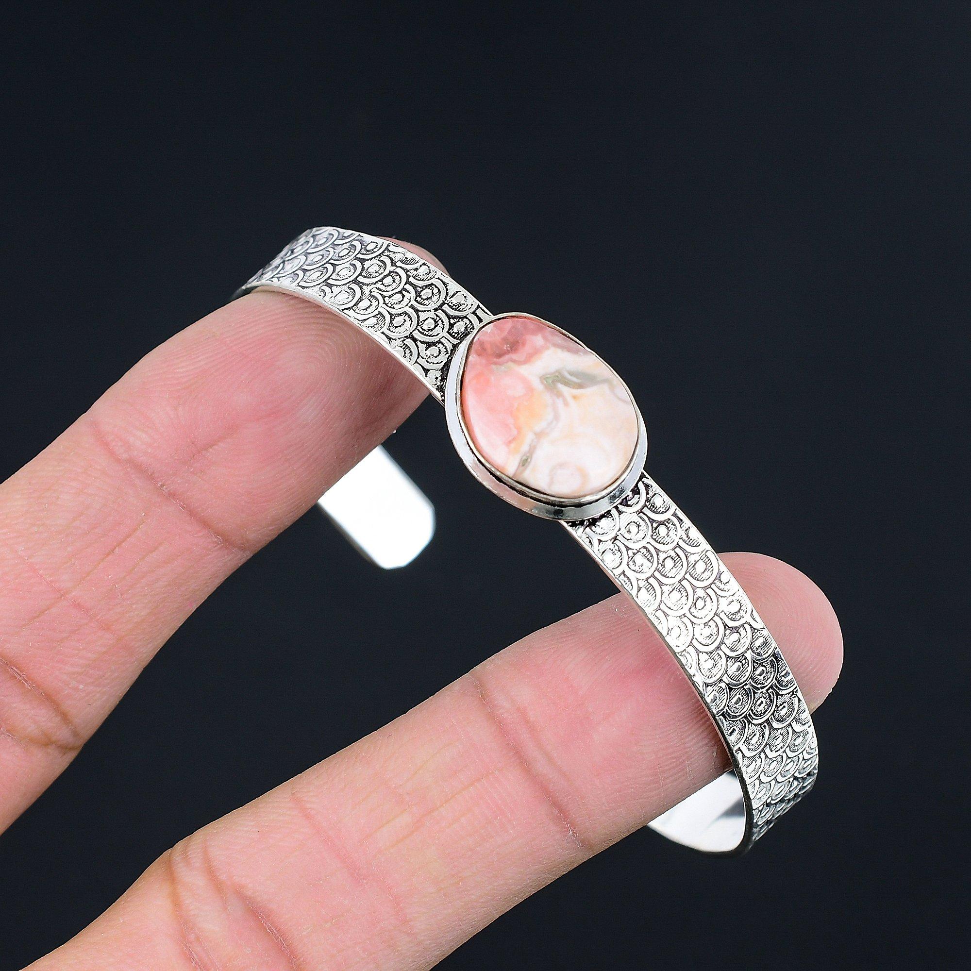 925 Silver Oval Natural Rhodochrosite Heart Chakra Handmade Boho Bangle Jewelry Adjustable