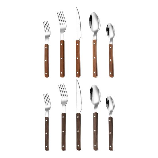 Geschirrset Klassisches Französisches Design 5-teiliges Edelstahl-Besteck mit Imitation-Holzgriff Spülmaschinenfest Besteckset Rostbeständig Steakmesser