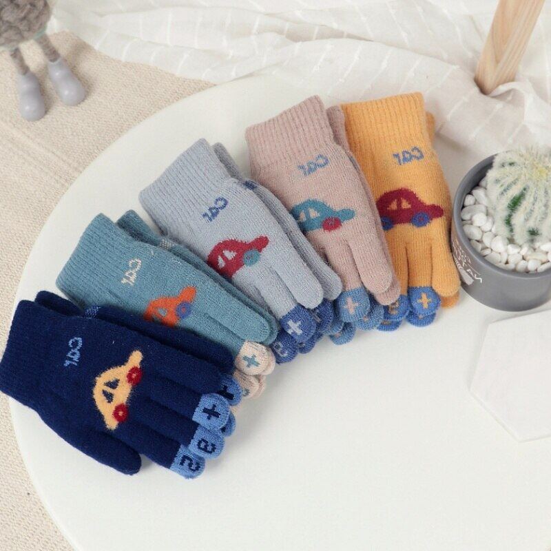 Children Gloves For 4-8 Years Boys Girls Winter Knitted Soft Warm Cartoon Car Full Finger Gloves