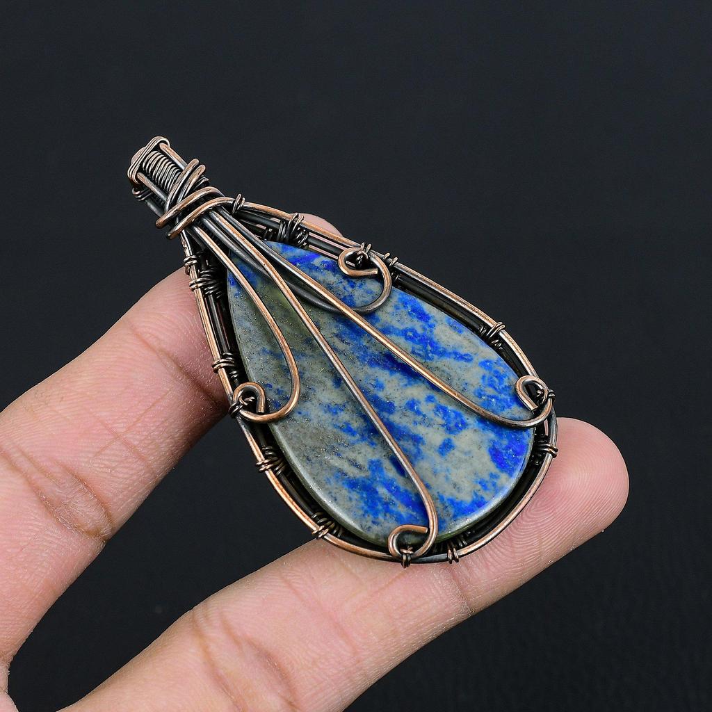 Lapis Lazuli Pendant Handmade Gemstone Jewelry, 999 Copper Wire Wrapped Pendant ,Unique Design Jewelry Pendant