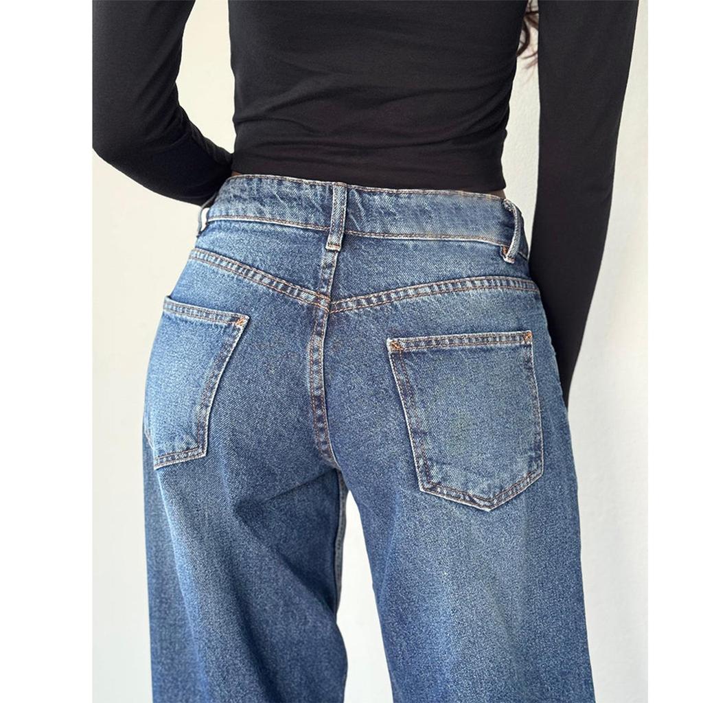 Women's Retro Low Waist Washed Straight Leg Jeans - Wide Leg Autumn Denim Pants