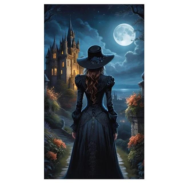 

Великий розмір Мозаїка Жінка Новий 2024 DIY Повний алмазний живопис Набори Мистецтво Відьма Замок Місяць Кішка Вишивка Хрестиком Стрази round 30x60cm білий