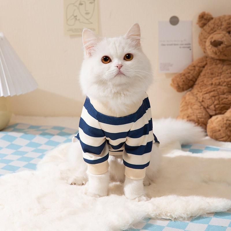 Cute Bear Striped Four-legged Loungewear Blue Cat Puppet Cat Spring and Autumn Thin Kitten Milk Dog Pet Cat Clothes