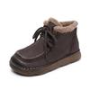 Johnature Winter Thick Plush Warm Cotton Boots Genuine Leather Retro Comfortable Soft Soled Women's Flat Ankle Boots