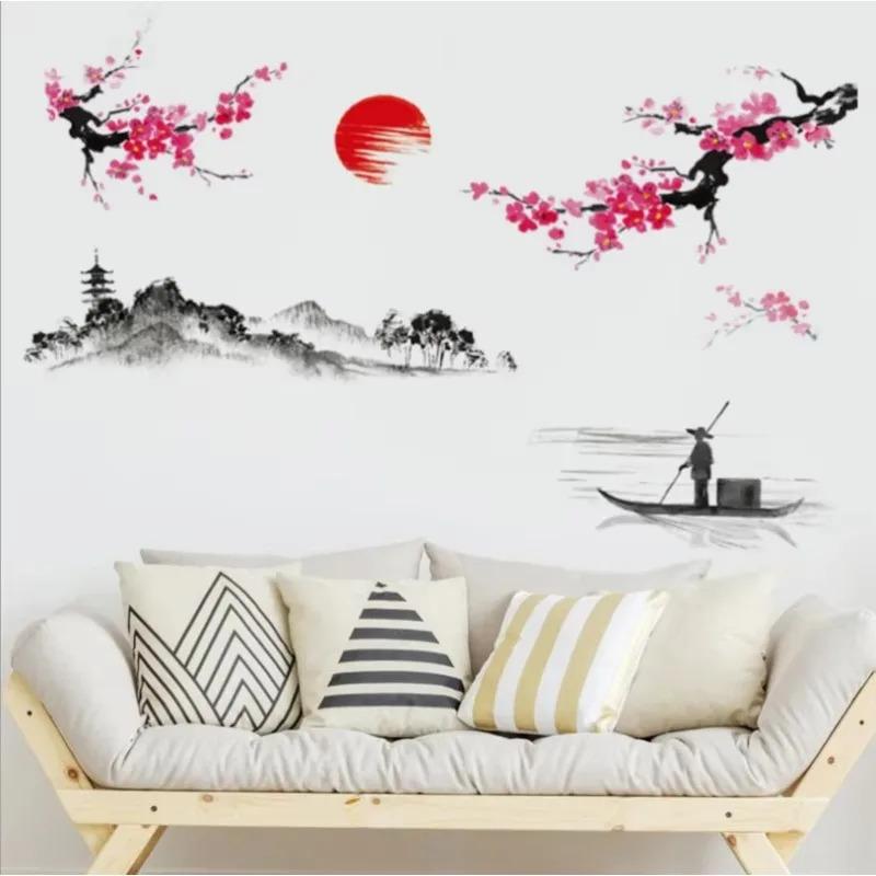VIKAMA Chinese Cherry Blossom Japanese Pink Cherry Blossom Tree Decoration Mural Stickers Wall Stickers Poster Wallpaper Decor