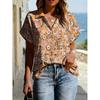 Floral Print Womens Loose Fit Short Sleeve V-Neck Top - Sleeveless Button-Free Casual Shirt Street Style