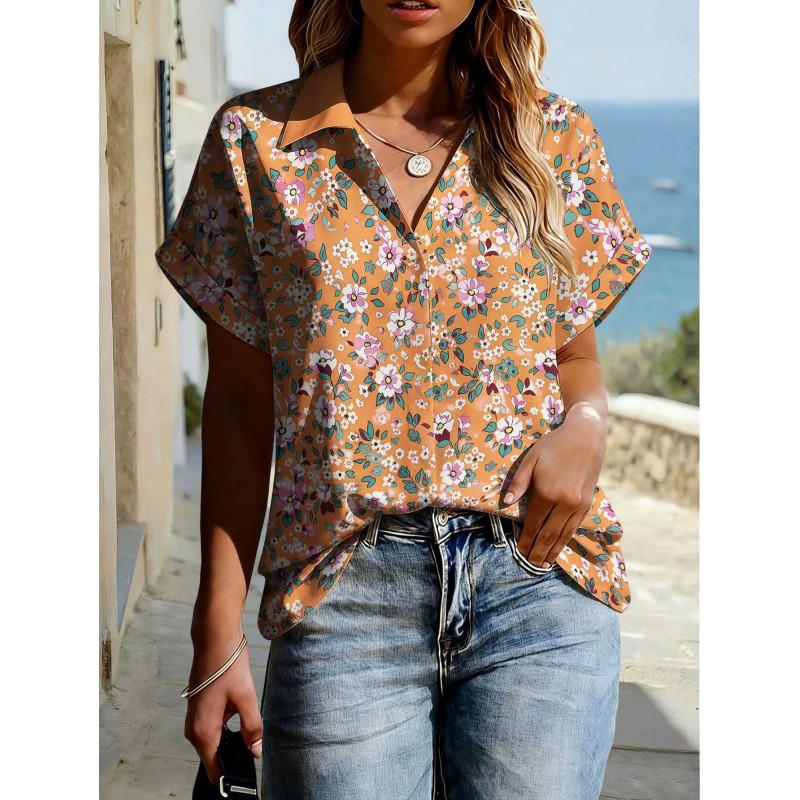 Floral Print Womens Loose Fit Short Sleeve V-Neck Top - Sleeveless Button-Free Casual Shirt Street Style