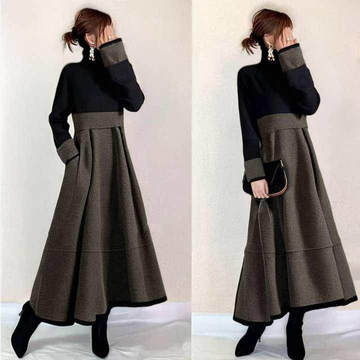 2026 Spring New High Neck Color Block Pocket Long Sleeve Dress