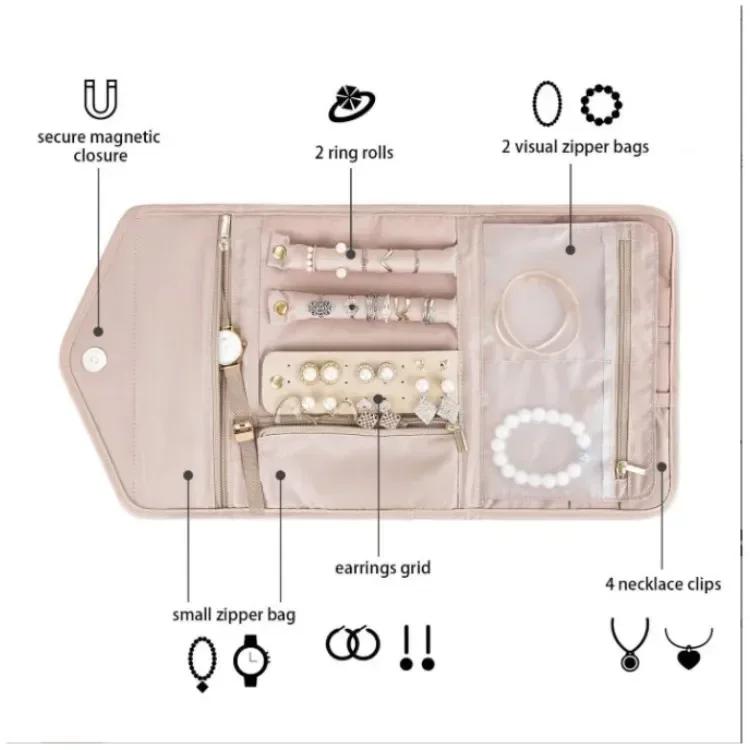 Imitation Leather Velvet Jewelry Storage Roll Travel Folding Portable Jewelry Bag Earrings Jewelry Storage Bag