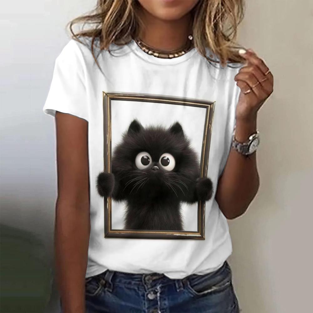 Summer Clothing 3D Printed Small Black Cat Casual Short Sleeved Women's T-shirt