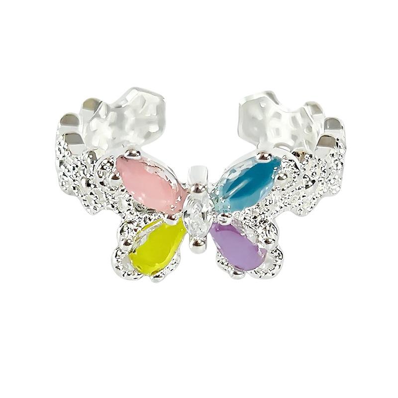 Colorful Zircon Bead Butterfly Open Ring Sweet Dreamy Niche High‑End Adjustable Stack‑Wear Personalized Fashion Jewelry