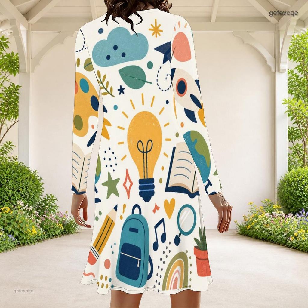 Women Plus Size Round Neck Long Sleeve Cartoon Excavator Printed A Line Flared Hem Dress