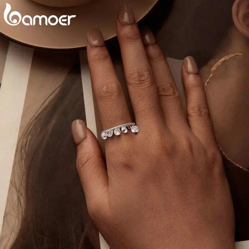 Bamoer 925 Sterling Silver Exquisite Tassel Opening Ring Mini Zircon Pendant Adjustable Ring for Women Party