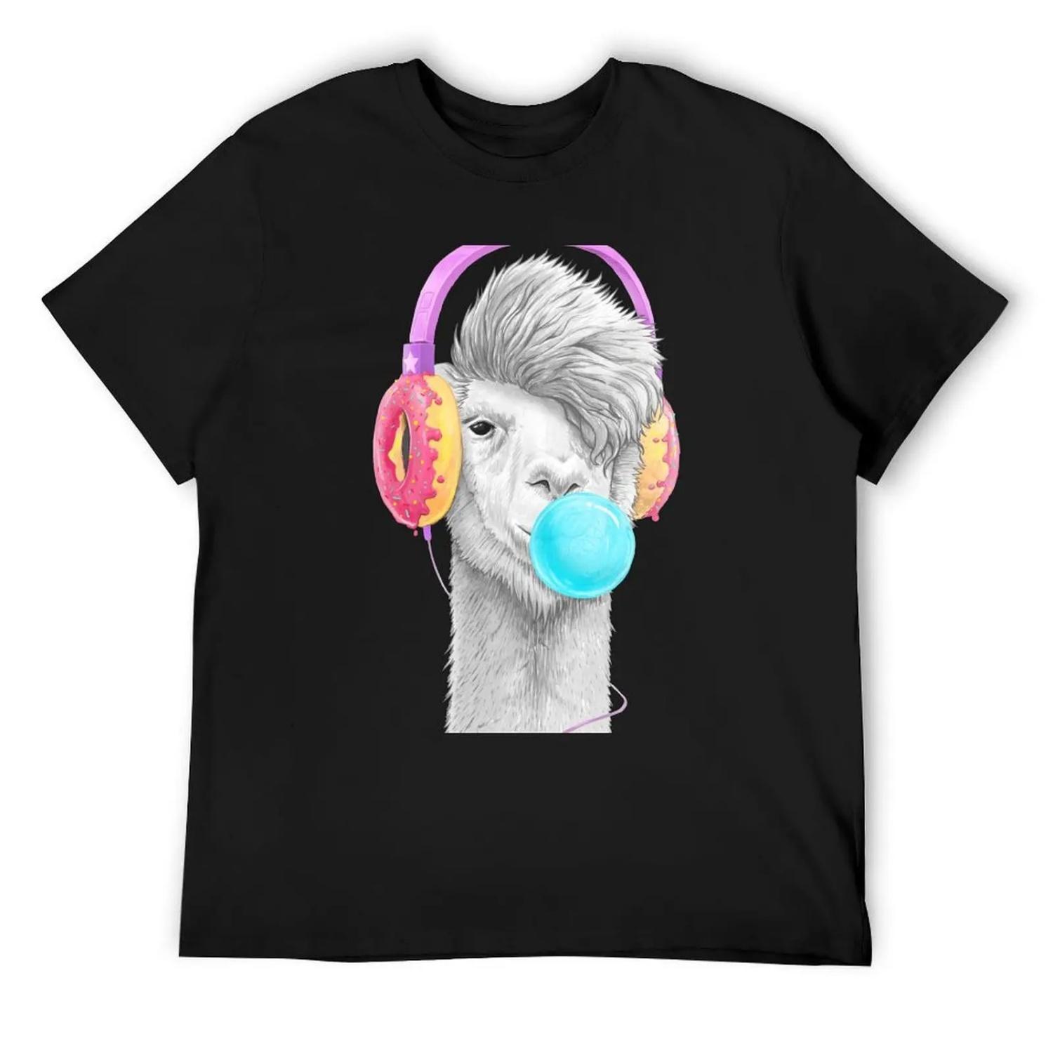 Lama in the headphones of donuts T-Shirt Short sleeve tee tees graphic tee shirt oversized graphic tee cotton t shirt men S