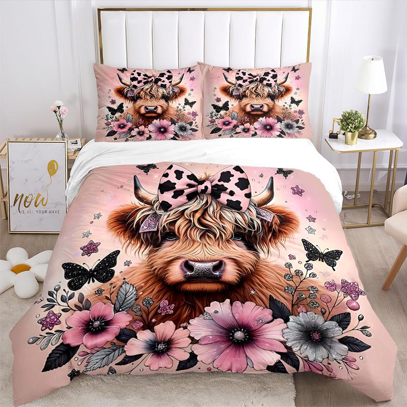 3pcs Domineering Cow & Flower Design Pattern Bedding Set, 1* Cover + 2*Pillowcases, Printed Bedding Set, Soft and ComfortableM051