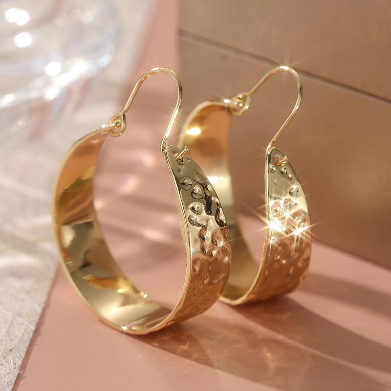 Classic Trendy Gold Color Metal Glossy Surface Carving Geometry Pattern Hoop Earrings for Women Jewelry