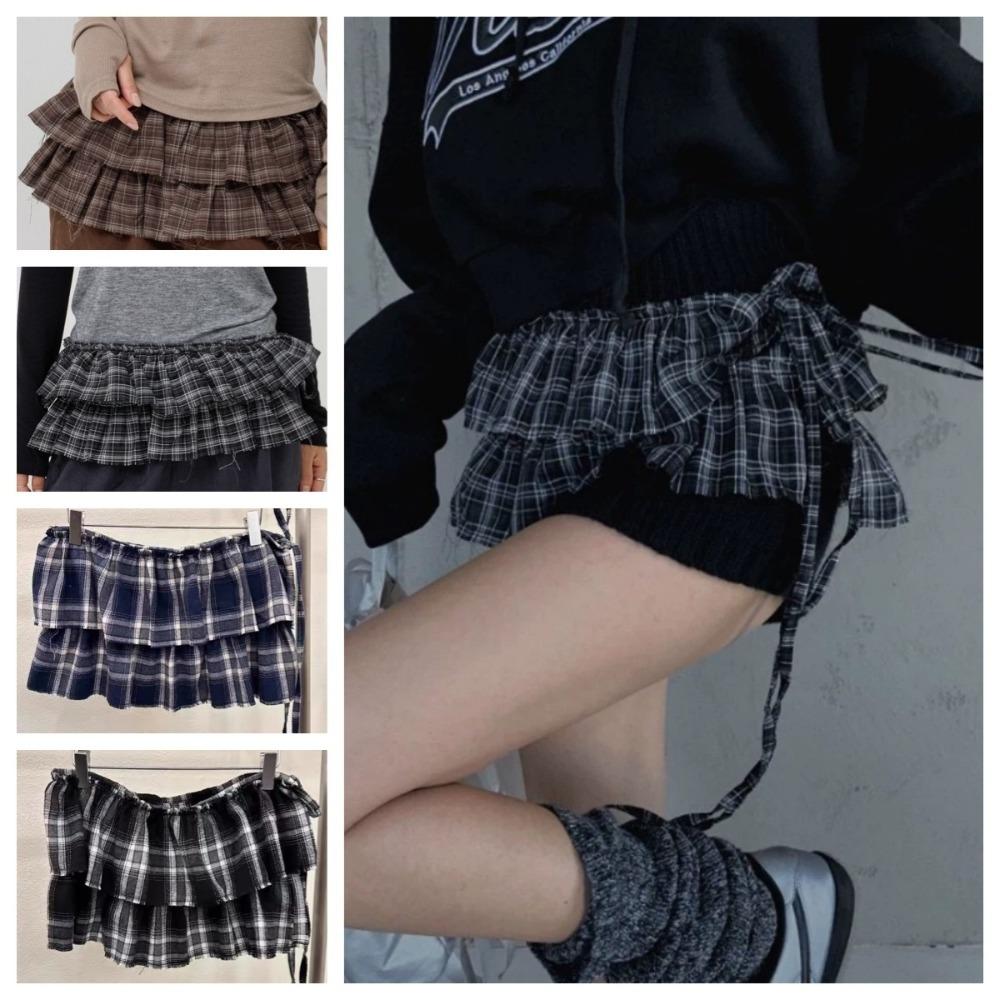 Hip-Hop Layer Outfits Karierter Rock Hemdverlängerer Rüschenrand Bund Jeans Dekoration
