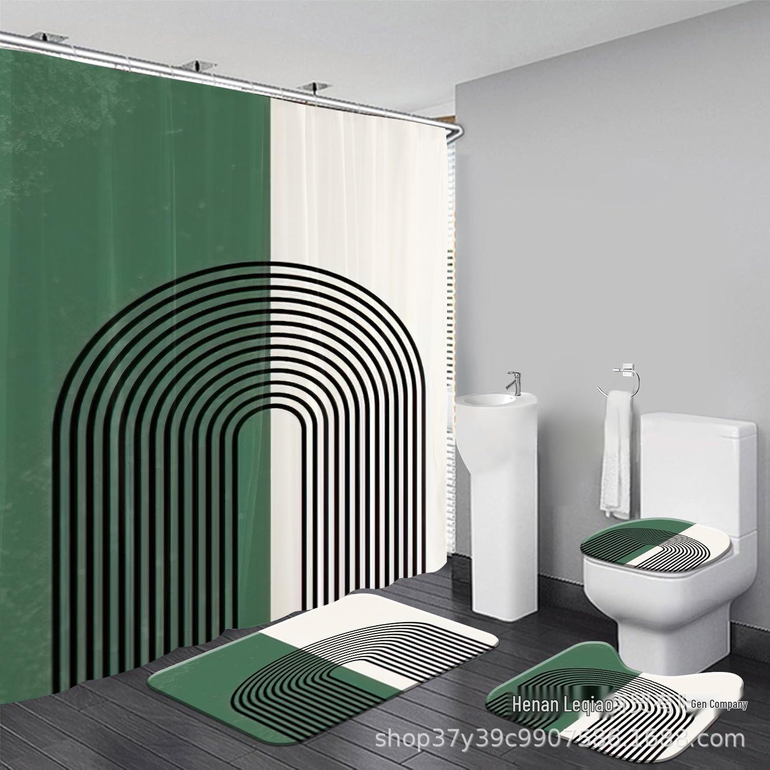 

American Style White & Green Waterproof Patchwork Shower Curtain Set (4-Piece) 12 Hooks