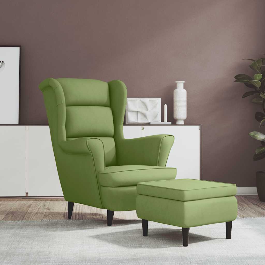Armchair with Footstool Light Green Velvet