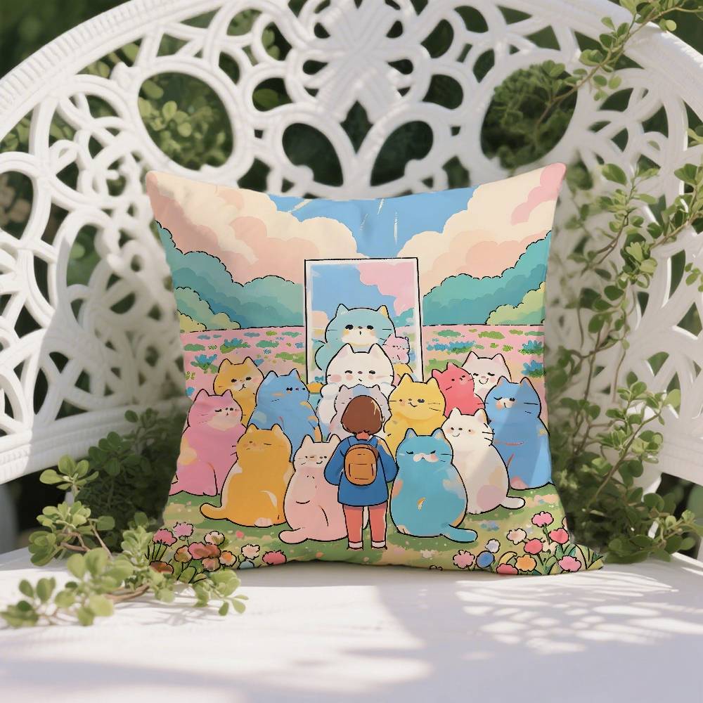 Cartoon Cute Cat Picture With Fresh Pillow Case Anti-dustmite Pillowcase Invisible Zipper Silky Short Plush Sofa Cushion Cover