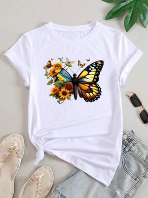 (Asian Size) Butterfly Cute Sweet 90s Women Tee Top Clothing Casual Short Sleeve T Shirt Fashion Print Lady Female Graphic T-shirts