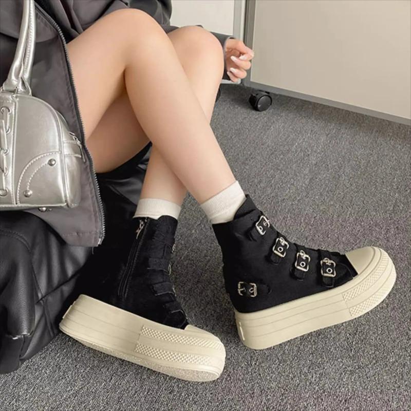 Classic Womens Canvas Shoes Fashion Casual High Top Boots Buckle Design Women Shoes Height Increasing Platform Shoes Ankle Boots
