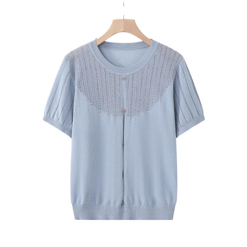 Stylish 2026 Ice Silk Summer T-shirt for Mothers - Short-Sleeved Knitted Top for Middle-Aged & Elderly Women.