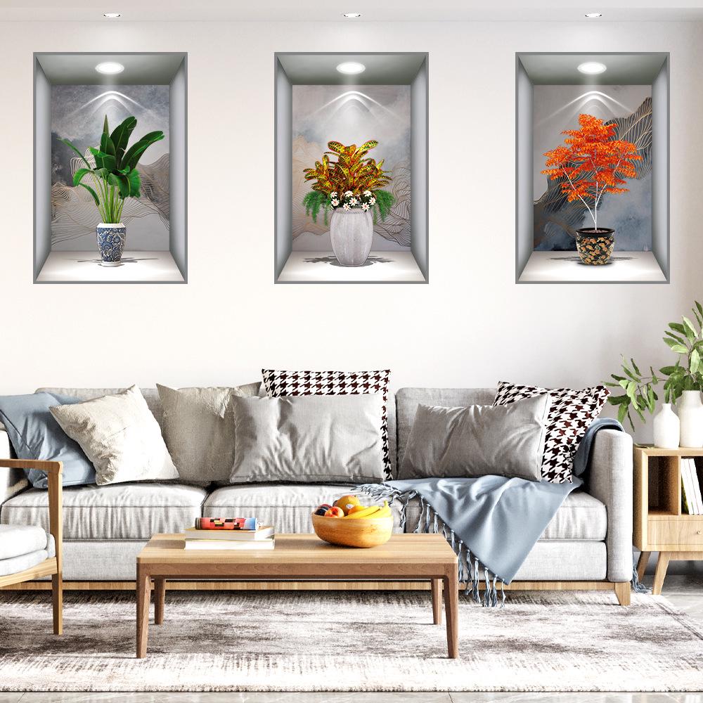 Wei Mo Xiang Green Plant Three-Panel Self-Adhesive Decorative Wall Sticker for Home & Hotel