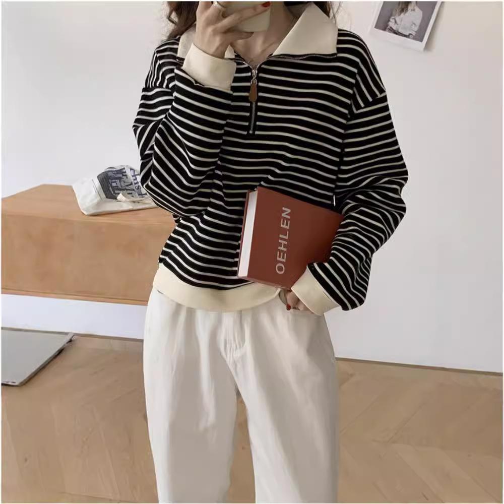 Striped sweater spring new women's sweater bottoming shirt design olo lapel loose and thin