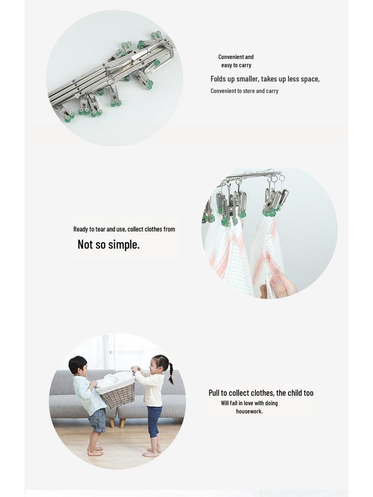 Stainless Steel Portable Folding Clothes Hanger with Multiple Clips for Socks & Drying