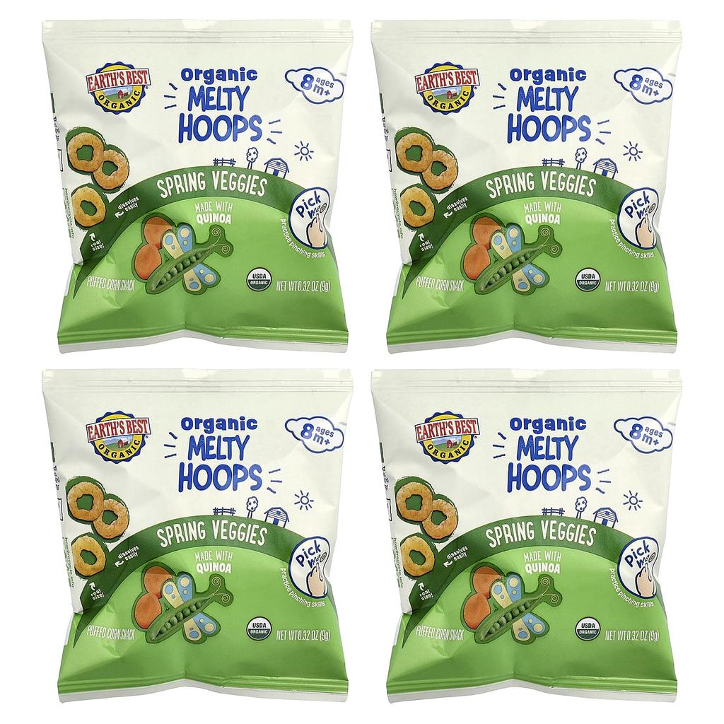 Earth's Best, Organic Melty Hoops, Puffcorn Snacks, Spring Greens, Ages 8+, 4 Packets, 9g (0.32oz) Each
