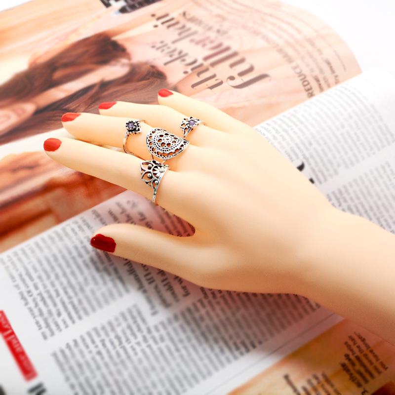 Bohemian Retro Gemstone Ring Exaggerated Hollow Totem Four-Piece Ring