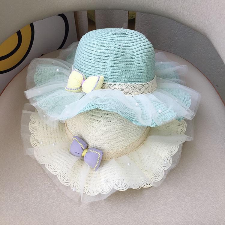 Girls Straw Hat With Pearl Bow And Mesh Wide Brim Wavy Edge Sun Protection Beach Summer Cap For Kids