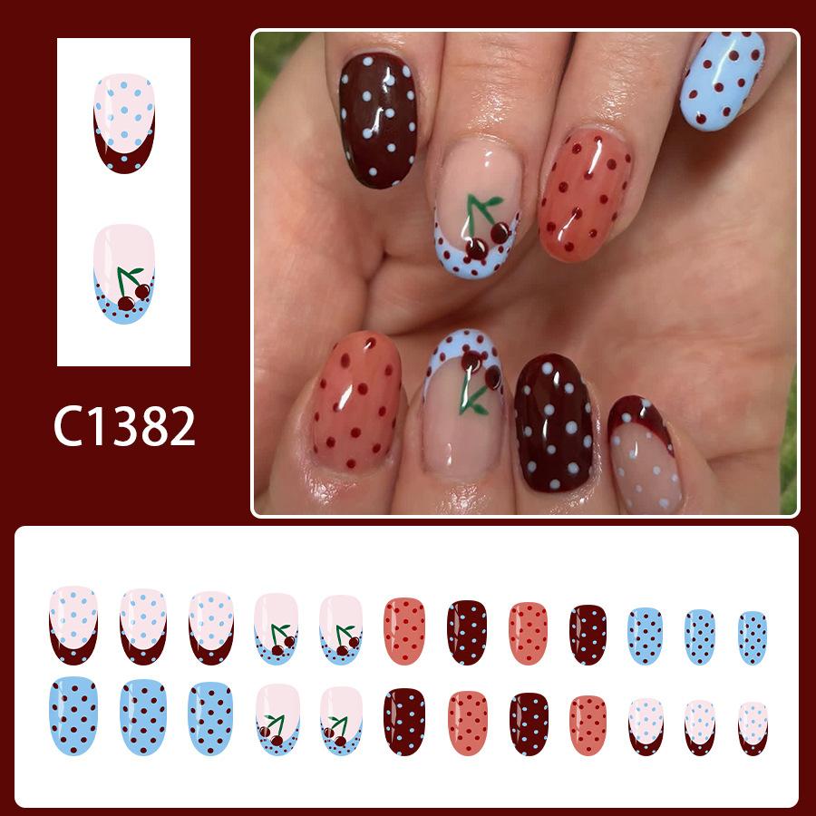 

Short Oval Blue French Tip Glossy Press On Nails 24pcs Sweet Cherry Design for Women красный