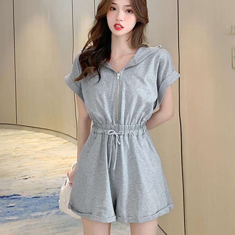 Summer French new onesie women's Hong Kong flavor casual temperament high waist and thin jumpsuit hooded jumpsuit shorts set