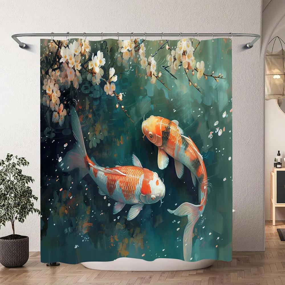 Chinese Japanese Koi Ink Painting Shower Curtain Red Cherry Blossom Wave Fish Watercolour Painting Bath Curtains Bathroom Decor