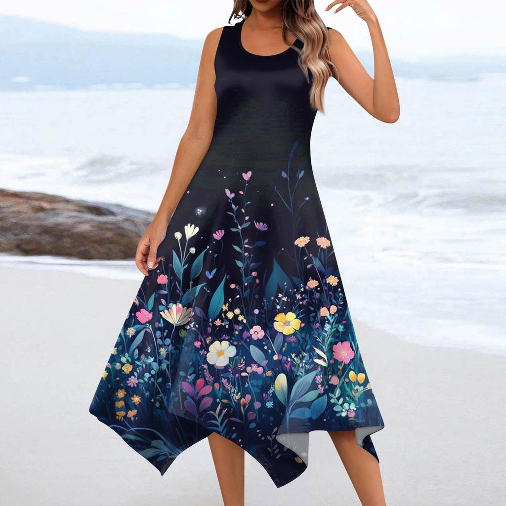 Dámská móda pro volný čas, kulatý výstřih, květinový potisk s nepravidelným lemem Midi šaty